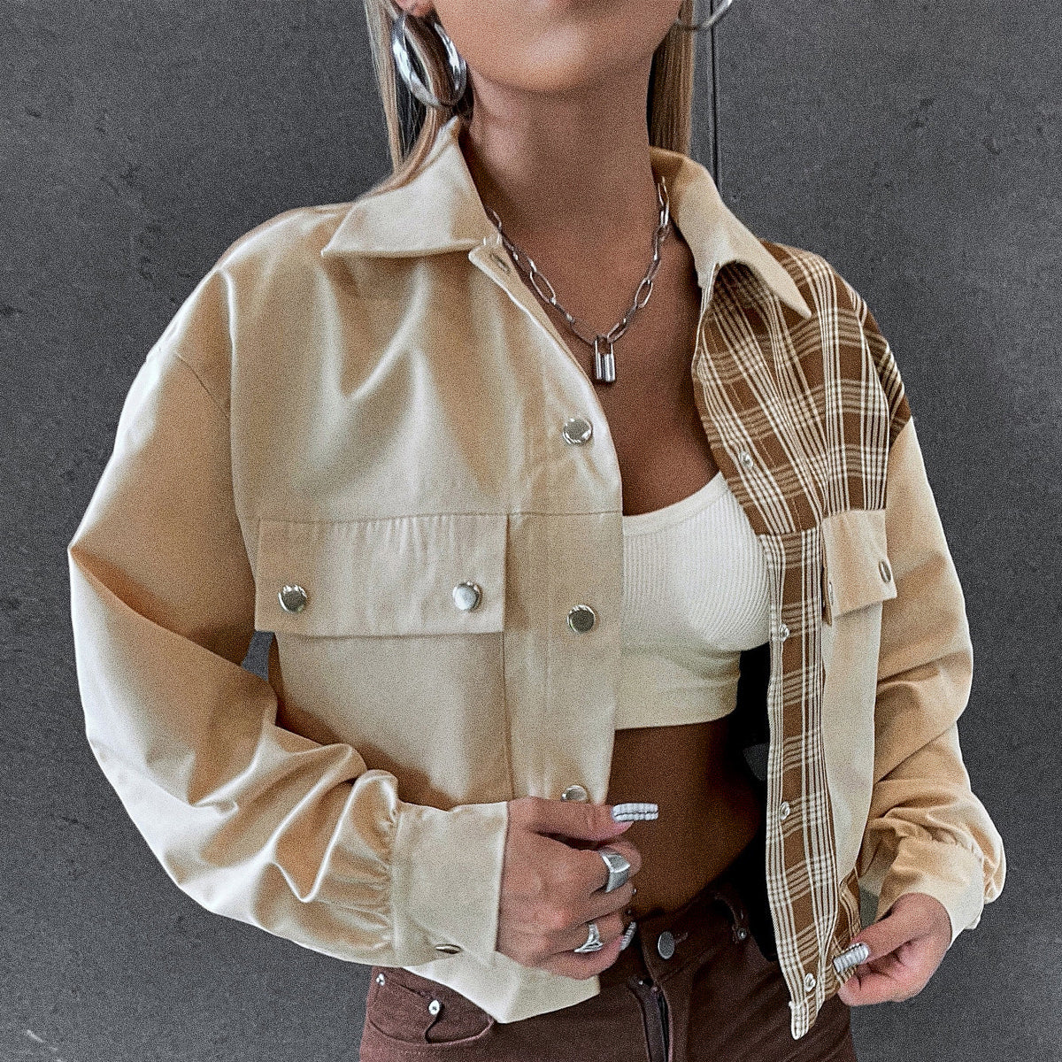 Cropped Jacket With Plaid Detail