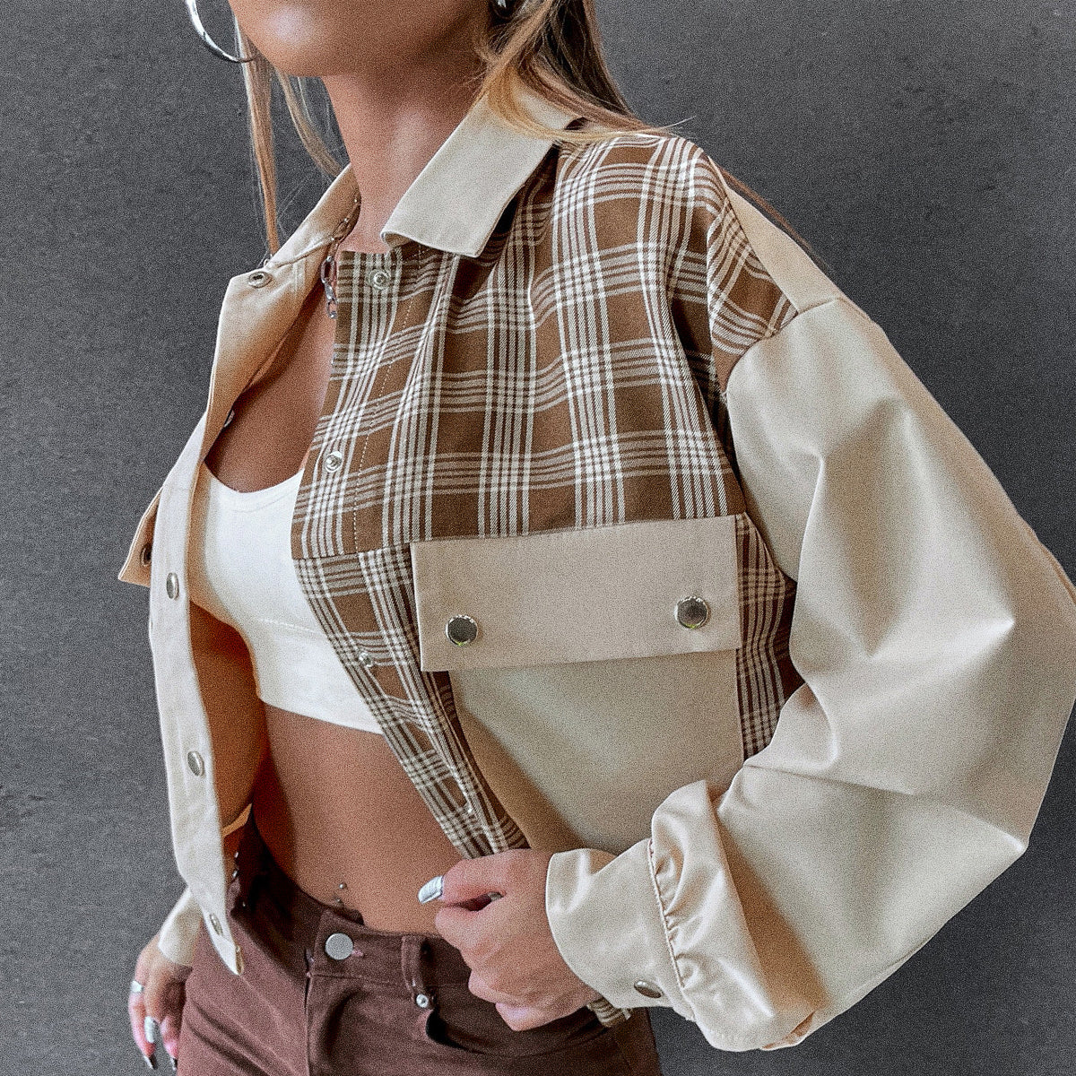 Cropped Jacket With Plaid Detail